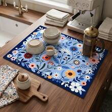 1pc Dish Drying Mat, Coffee Machine Mat, Blue Background With Colorful Floral Print, Absorbent & Draining Mat, Suitable For Dining Table, Cafe And Other Scenes, Quickly Absorbs Excess Water, Keeps Countertop Clean, Adds Fresh And Elegant Visual Effect To Space, Home Gift, Countertop, Dining Table Decor - XYLSD-597 - View 4