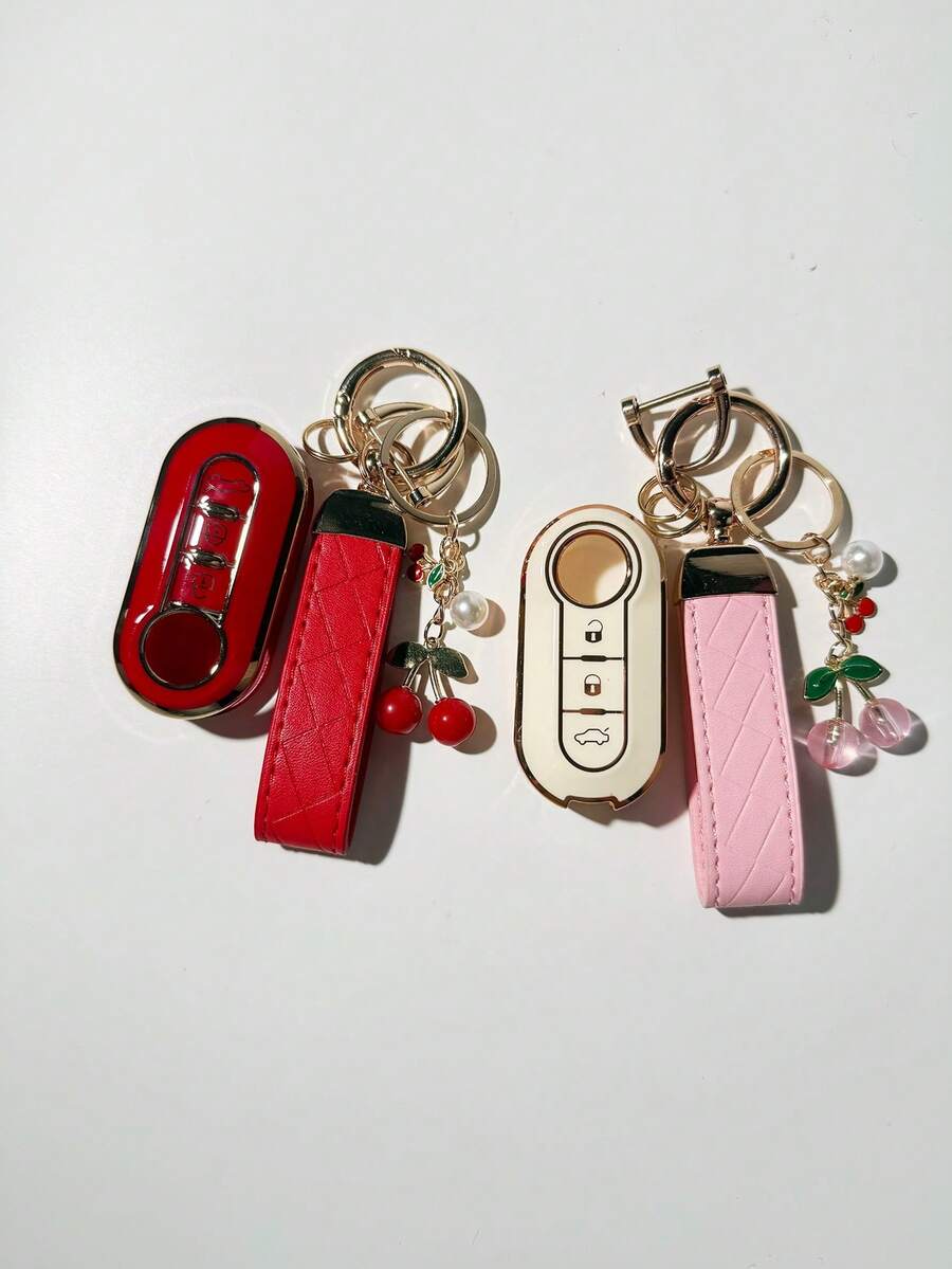 Cherry Keychain + Key Shell Set, Compatible With Fiat Car Key Covers, TPU Material Anti-Scratch Anti-Drop + 0.1mm Ultra-Thin Ultra-Quiet | 3-Button Precise Fit For Models (Includes Installation Screwdriver) Shockproof Wear-Resistant Portable Design 360° Signal Protection Anti-Fingerprint Coating Long-Lasting Like New