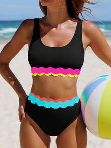 popvil Set Bikini Ruffle Sporty Wanita, Atasan Tank Top & Baju Renang Dua Potong Pinggang Tinggi yang Lucu, Cocok untuk Liburan Musim Panas di Pantai - Hitam - View 3