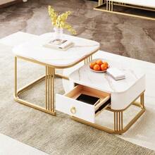 Stackable Coffee Table: High-Gloss Marble Look, Gold Accents, Side Table With Drawers. Two-Piece Set. - 白色 - 查看 2