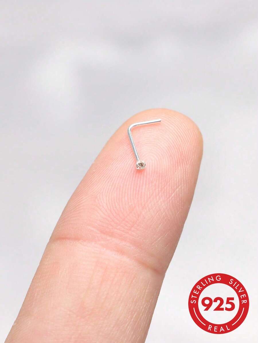 6pcs 925 Sterling Silver L-Shaped Nose Studs, 1.5mm Clear Crystal, Unisex, 24G - Silver - View 1