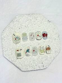 10入組可愛卡通水世界彩色魚短款可拆卸可重複使用假指甲美甲用品（含1片果凍貼＋1支指甲锉） - 彩色 - 查看 3