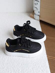 1 Pair Unisex Kids Gold Trim Minimalist Leather White Sneakers, Spring/Autumn New Soft Sole Anti-Slip Casual Skate Shoes, Versatile Campus Commute Sports Shoes For Toddlers And Young Children - Black - View 7