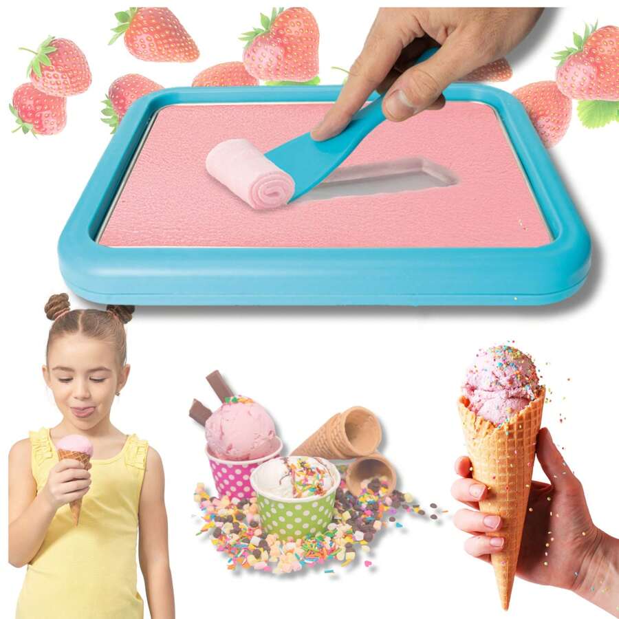 Thai Rolled Ice Cream Maker Pan – Home Ice Cream Roll Tray With 2 Spatulas, Frozen Dessert Maker, Blue - Blue - View 1