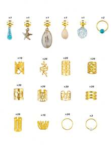 220pcs Ocean Style Hair Rings, Includes Gold Starfish, Seashell, Shell And White Pearl, Multiple Shapes, Summer Adjustable Braiding Hair Accessories - Gold - View 3