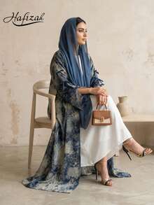 Hafizah 穆斯林女款端莊時尚雪紡印花兩件套，含希賈布，夏季休閒外套 - 藍色 - 查看 1