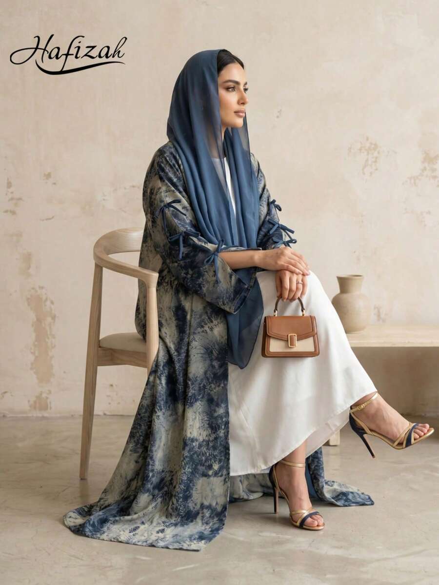 Hafizah 穆斯林女款端莊時尚雪紡印花兩件套,含希賈布,夏季休閒外套 - 藍色 - 查看 1