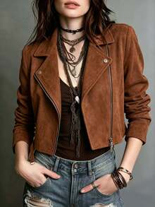 Women's Western Style Faux Suede Motorcycle Jacket, Brown Long Sleeve Zipper Collar Woven Coat, Business Casual Style, Suitable For Spring, Summer, Autumn, Winter - Caramel Brown - View 11