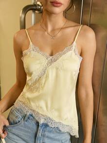 Women's Solid Color Lace Patchwork Hollow Asymmetrical Hem Vacation Style Camisole - Yellow - View 7