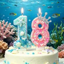 Vela de Número con Brillo Tema Oceánico Creativo (Pieza Única, Números Opcionales 0–9): Disponible en Estilos Azul o Rosa, Decorada con Estrellas de Mar, Conchas, Corona de Strass y Elementos de Sirena o Subacuáticos. Diseño sin Humo, Adecuado para Aniversario de Pareja, Fiesta de 18 Años de Niñas, Baby Shower y Celebración con Tema de Playa de Verano. - Ver 5
