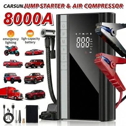 Bộ khởi động khẩn cấp ô tô Carsun 18000mAh, áp suất đỉnh 150PSI, tích hợp máy nén khí, chức năng 5 trong 1 bao gồm: bộ pin khởi động khẩn cấp, bơm lốp kỹ thuật số, sạc pin ô tô, cổng sạc nhanh USB, đèn LED khẩn cấp, nhỏ gọn, phù hợp với bình xăng 10L hoặc 9L, kèm túi đựng, thích hợp làm phụ kiện ô tô cho nữ.