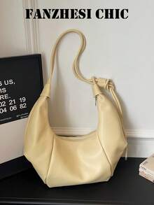 Einfarbige PU-Schultertasche, lockere asymmetrische Halbmondform, weich und elastisch, seitlich gerafftes Leder mit Kordelzug für reichhaltigen geschichteten Stil, reichlich Stauraum, geeignet für lässige Dates junger Frauen, tägliche Ausflüge von Büroangestellten, kurze Urlaubsreisen - Gelb - Übersicht 4
