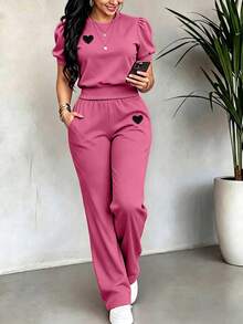 2件組女款粉色休閒刺繡針織居家服套裝，春夏秋穿搭優雅款 - 粉色 - 查看 2