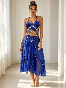 Bohemian Rhinestone Coin Halter Crop Top With Asymmetric Sheer Chiffon Skirt For Beach Vacations, Desert Festivals & Rave Outfits (Available In Multiple Colors) - Multicolor - View 16