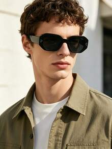 1pc Men's Vintage Geometric Fashion Glasses, Solid Color Polycarbonate Frame, Grey Lenses, Minimalist Cool Style, Lightweight, Suitable For Commute And Outdoor, Includes Glasses Case - Multicolor - View 3