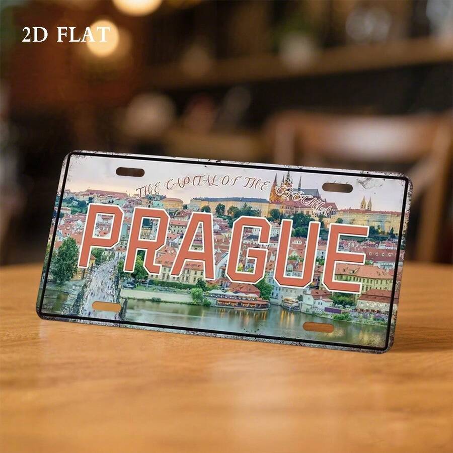 2D Flat Vintage Prague License Plate Frame - 30.0X15.01cm, Featuring Rustic European City Landscape Design With "PRAGUE" Text, Suitable For Car Decoration, Garage Or Home Wall Art, Easy To Install (Random Style) - A - View 1