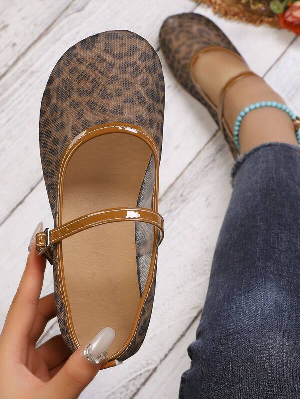 Leopard Print Mary Jane Flat Shoes With Single Strap, Elegant, All-Season