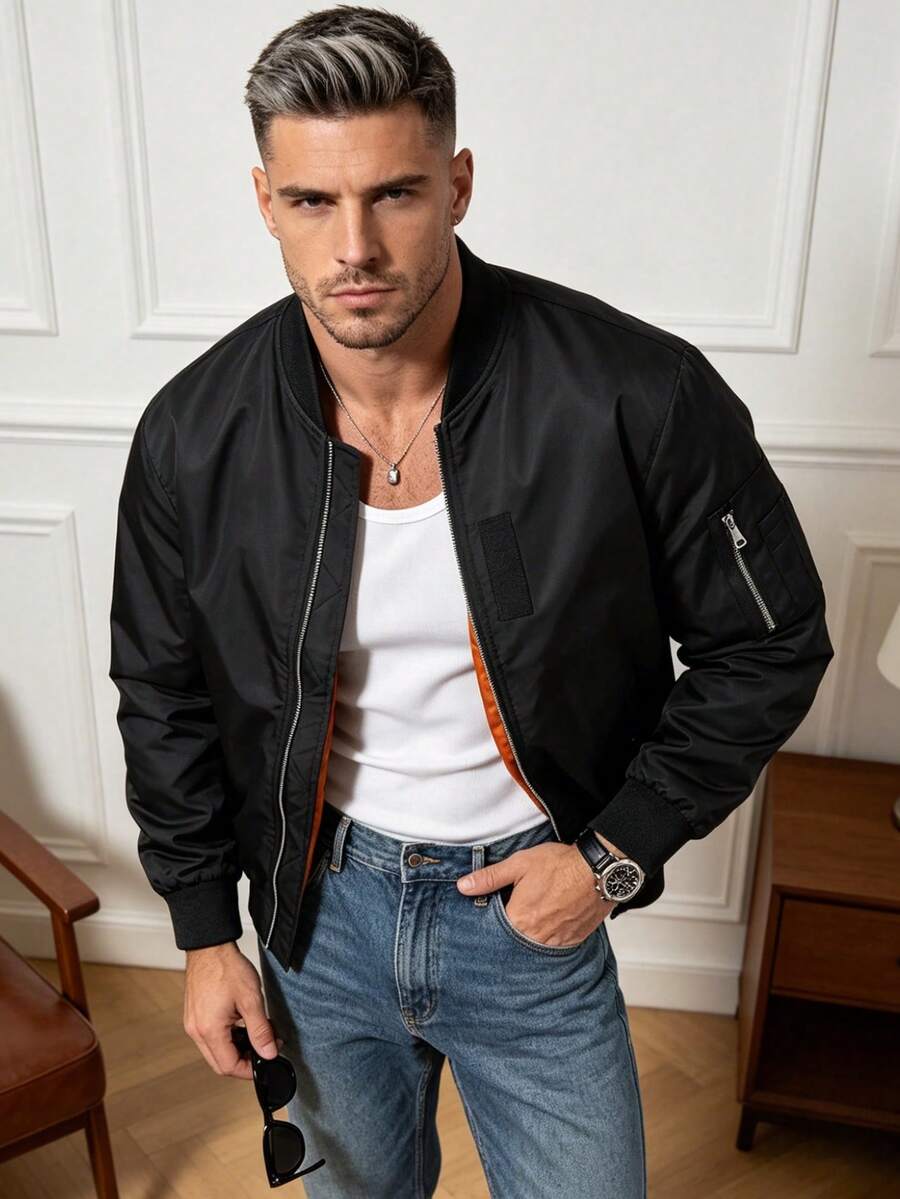 Men's Spring/Autumn Solid Color Thin Baseball Collar Casual Retro New Baseball Jacket Flight Jacket Outerwear - Black - View 1