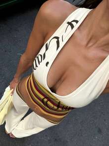 DOUCIU 2pcs Low Collar Stripes Tank Top & High Waist Loose Pant Sets Daily Streetwear - Yellow - View 3