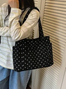 時尚純色極簡休閒大容量托特包，女款單肩包，無吊飾 - 黑色 - 查看 4