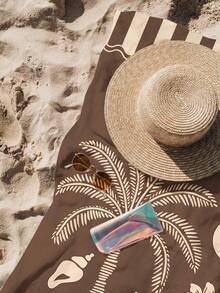 1pc Vintage Coconut Tree & Shell Print Beach Towel, Modern Style Fiber Rectangular Travel Home Beach Towel, Suitable For Swimming, Diving, Summer - Multicolor - View 5
