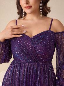 UNITHORSE Sequin Embellished V-Neck Long Sleeve Slit Evening Party Dress - Purple - View 5
