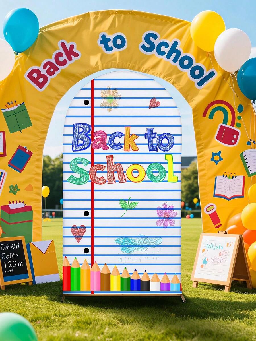 Hintergrund-Notizbuch-Cover mit Bogen für den ersten Schultag, Schulanfang-Party-Dekoration, laminierter Bogenrahmen aus Polyester, Kuppel-Abschlussfeier-Hintergrund, geeignet für Porträtfotografie von Schülern im Klassenzimmer am ersten Schultag, Schulanfang-Party-Deko - Verschiedenfarbig - Übersicht 1