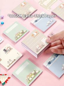 Healing Soft Cute Animal Memo Pad, 4 Warm Hand-Drawn Layout Designs Including Sofa Lounging, Party Cake, Pool Play, Home Office Scenes, Soft Cute Kitten Image With Gentle Lines - A - View 5