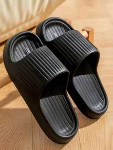 Men's Minimalist Vertical Stripe One-Piece Molded Soft Sole Indoor Bathroom Beach Lightweight Comfortable Versatile Casual Slide Sandals - Black - View 4