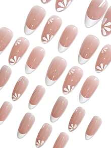 30pcs Full Size Spring Daisy Short Almond Press-On Nails, Gentle French Milk White Daisy Fresh Style Nail Tips - 彩色 - 查看 4