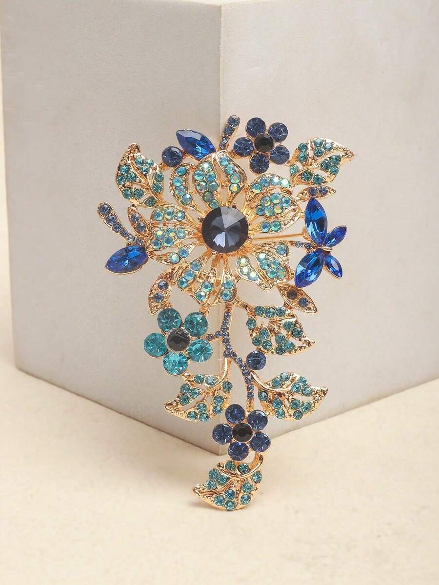 1pc Fashion Exaggerated Plant Flower Rhinestone Brooch - Blue - View 1