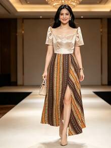 Amyenjoylife 現代菲律賓風情女裝洋裝 1件優雅短袖洋裝 金色現代菲律賓風情洋裝 - 金色 - 查看 5