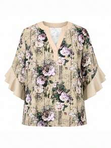 Blusa de mujer talla grande con cuello de muesca, volantes y estampado floral, mangas 3/4 en capas, para vacaciones - Caqui - Ver 3