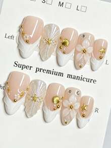 10pcs Pure Handmade Almond Press On Nails, Beach Fairy Gentle Style, Nude White French, 3D Flower, Gold Starfish Shell And Pearl Decorations For Women And Girls, Spring Summer Fall Winter Festivals Party And Daily Life Use - White - View 2