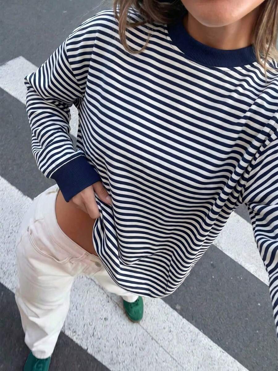 Queen Closet 女款秋冬寬鬆大碼針織長袖上衣 Y2K 條紋圓領 T-shirt,適合日常街頭穿搭 - 藏蓝色 - 查看 1