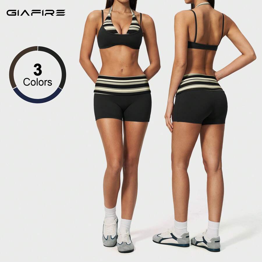 GIAFIRE 新款女款 2 件式運動內衣與短褲套裝,細肩帶瑜珈內衣,高腰快乾休閒中長短褲,條紋休閒套裝,適合跑步、戶外、海灘、健身、瑜珈 - 黑色 - 查看 1