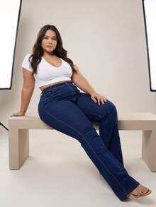 Women's Plus Size Dark Flare Jeans With High Waist, Premium Fabric With Elastane - 藍色 - 查看 9