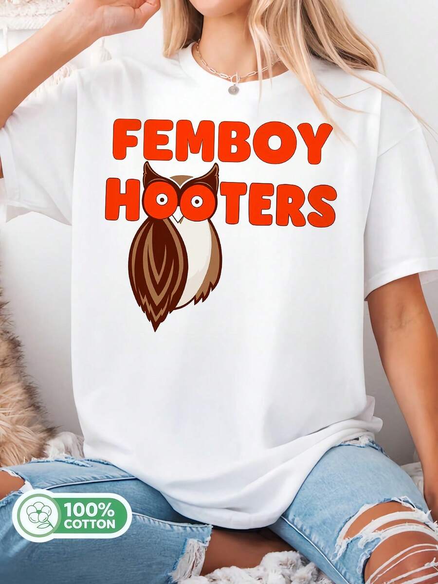 Femboy T-Shirt With Owl And Breast Logo, America USA, Bird, Original Gift Idea C458.. - 白色 - 查看 1