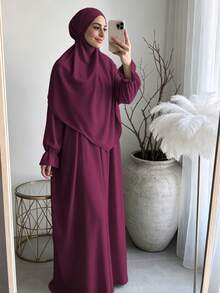 柔軟布料 Khimar 長袍套裝，寬鬆大尺碼長袖保守全身長洋裝，適合中東女性日常街頭穿著 - 彩色 - 查看 11