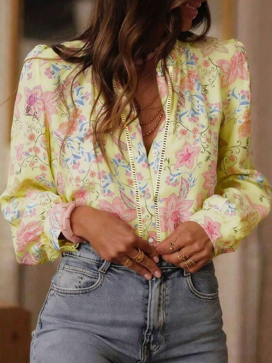 Blusa de manga larga con botones delanteros y estampado floral para mujer de talla grande, ideal para vacaciones - Amarillo - View 1