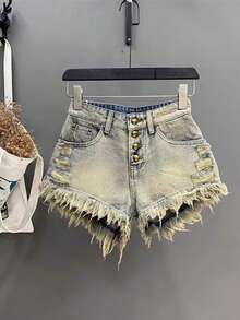 Summer Vintage High Waisted Distressed Denim Shorts Women Retro Y2K Spicy Girl Slimming A-Line Raw Hem Hot Pants Casual Beach Party Streetwear - 深藍色 - 查看 6