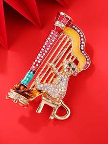 1pc Elastic Harp Cat Brooch, Creative Personalized Pin, High-End Jewelry Clothing Accessory - Piano-playing Cat - View 5