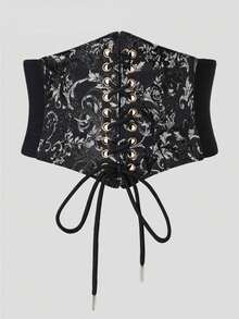 1pc Women's Black Vintage Printed Cross Lace-Up Elastic Waist Cincher Wide Belt, Slimming Waistband For Daily Dresses, Outfits, Parties And Events - Black - View 1
