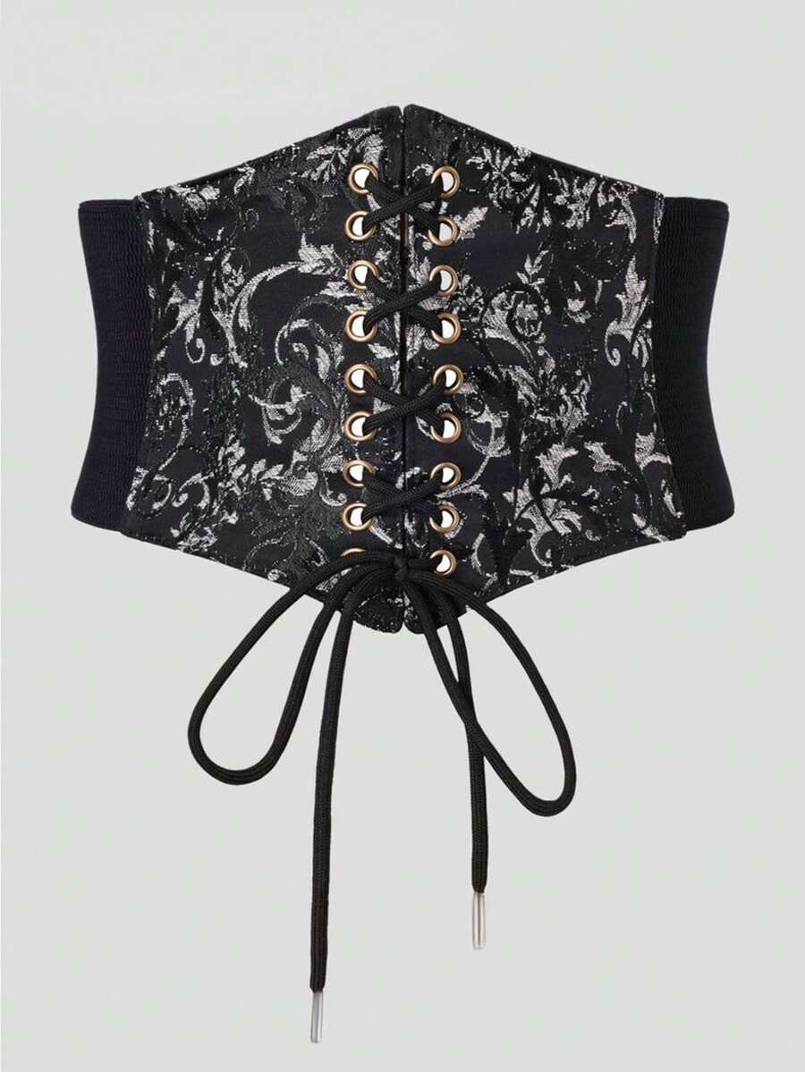 1pc Women's Black Vintage Printed Cross Lace-Up Elastic Waist Cincher Wide Belt, Slimming Waistband For Daily Dresses, Outfits, Parties And Events - Black - View 1