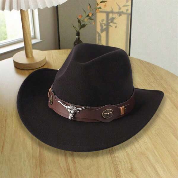 1pc Men's Western Cowboy Hat, Unisex Vintage Style Hat, Cow-Shaped Decoration, Cow Head Belt Decoration, Outdoor Western Cowboy Hat, Personalized Travel Performance Party Hat, Unisex Versatile Style, Suitable For Daily Casual, Western Cowboy Party, Bar Cowboy Costume