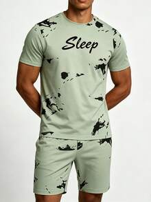 Men's Summer Thin Minimalist Ink Splatter SLEEP Print Short Sleeve & Shorts 2 Pieces Pajama Set, Fresh Lazy Casual Loungewear - Multicolor - View 5