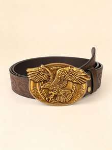 1pc Valentine's Day, Carnival, Father's Day, Teacher's Day, Christmas, Birthday Gift, New Western Style Eagle Buckle, Scroll Pattern Brown PU Belt - Multicolor - View 12