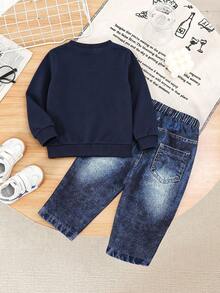 Baby Boy Cartoon Print Round Neck Long Sleeve Sweatshirt And Denim Long Pants - Royal Blue - View 2