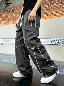 Men's Drawstring Waist Multi-Pocket Contrast Stitching Loose Cargo Pants, Casual High Street Style, Suitable For Spring/Autumn Daily Street Wear - Dark Grey - View 2