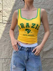 世界盃 Y2K 西班牙國旗印花背心，修身無袖夏季運動 OOTD 休閒款，歐陸夏日風 - 黃色 - 查看 3